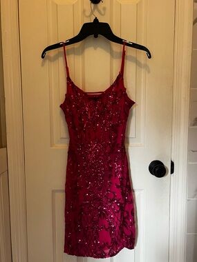 Fuchsia/Hot Pink Sequin Sheath Dress with Spaghetti Straps